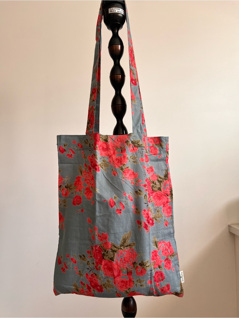 100% Cotton Gray Tote with Red Floral Print